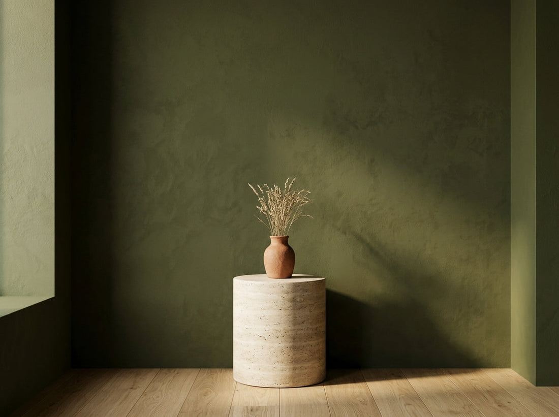 Vase en terre cuite sur un socle en travertin devant un mur vert olive